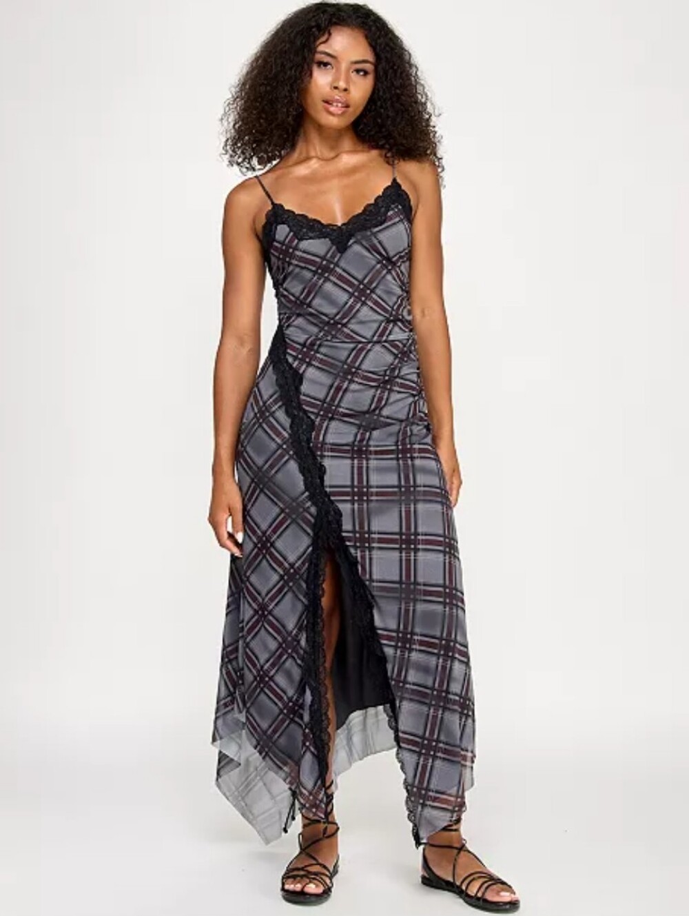 Seni& Cade YC Neutral Dress- Plaid Slip Maxi Dress with Lace Trim - Grey/ Wine
